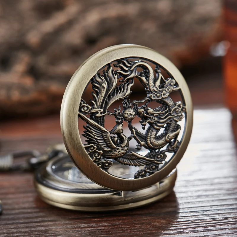Mechanical Pocket Watch Dragon Play Ball Steampunk Skeleton Hand-wind Flip Clock Fob Watch With Chain For Men Women Collection