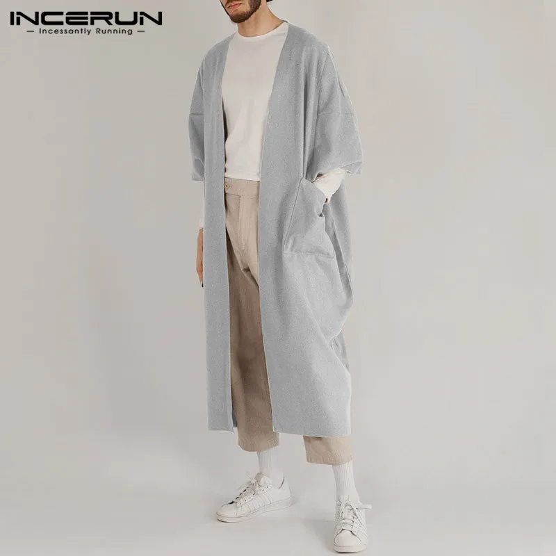 INCERUN/мужские тренчи, повседневные куртки с карманами, 3/4 рукавами, из искусственного флиса, мужская верхняя одежда, модный однотонный удлиненный кардиган