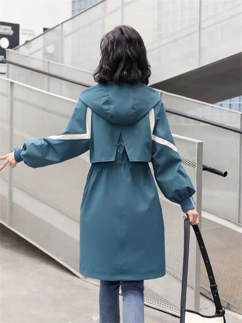 

Hit Color Fashion Hooded Trench Coat for Women 2020 Spring Autumn New Long Sleeve Splice Slim Outerwear Female Windbreaker K676