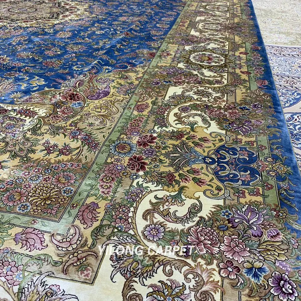 Yilong 10'x14 'ручной работы Турция Hereke ковры медальон синий персидский шелковые ковры(ZQG369A