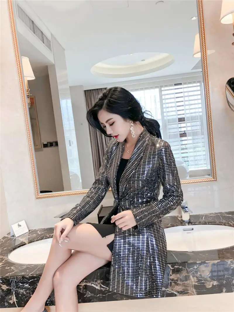 Новинка женское длинное пальто с золотыми блестками модная уличная одежда на