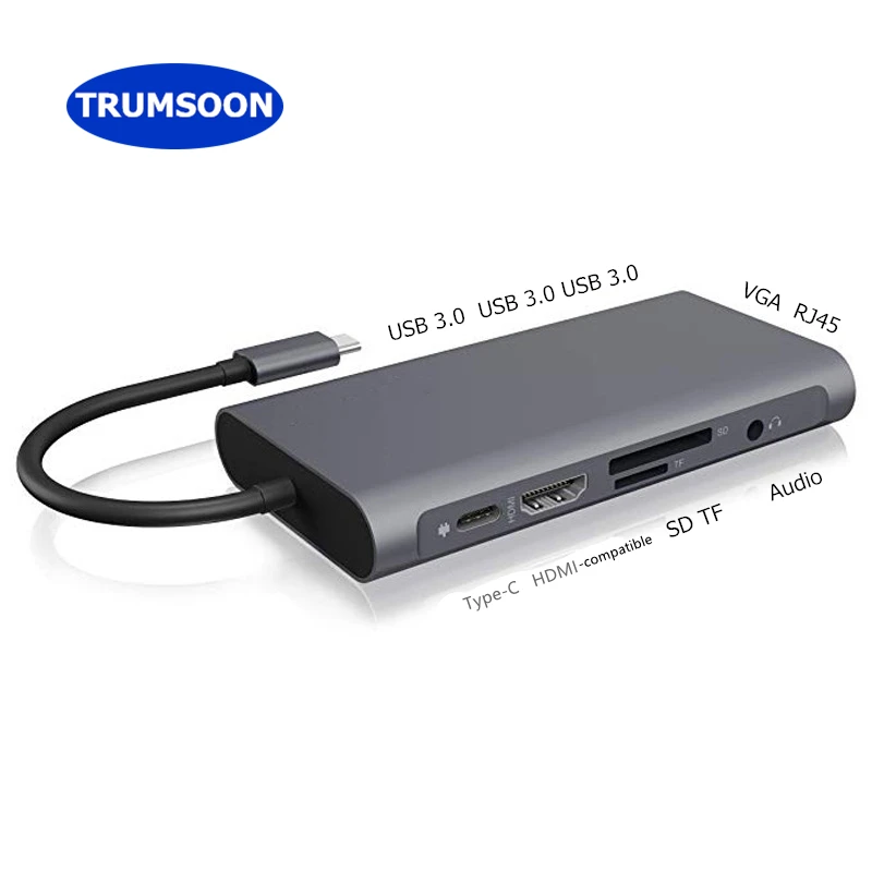 

TRUMSOON Type C to RJ45 Gigabit Ethernet HDMI-compatible VGA SD TF Card Reader USB 3.0 for MacBook Samsung Dex Xiaomi 10 TV PS5