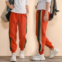 winter fleece sweatpants womens thickened patchwork stripes contrast color casual pants womens high elastic stretch joggers