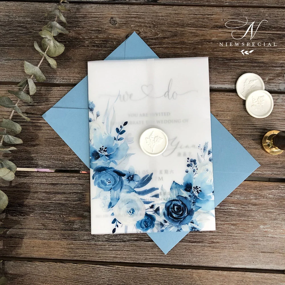 Синий акварельный цветочный бархат Свадебное приглашение с конвертом 50 шт. | Дом