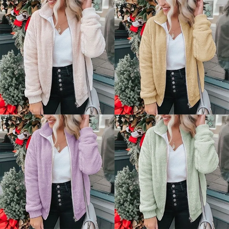 

Women Fashion Solid Color High Collar Long Sleeve Zipper Casual Warm Winter Autumn Loose Plush Comfy Coat Tops