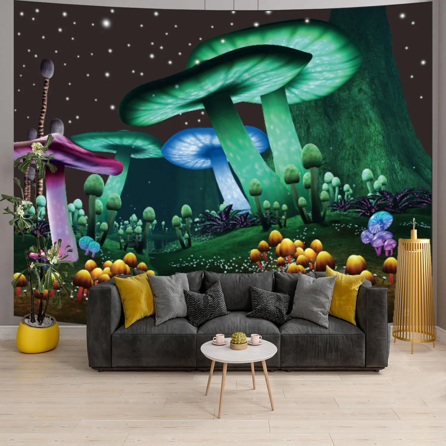 

Mushroom Forest Castle Tapestry Wall Hanging Nature Starry Sky Hippy Psychedelic Background Wall Cloth Carpet Decor 200*150cm