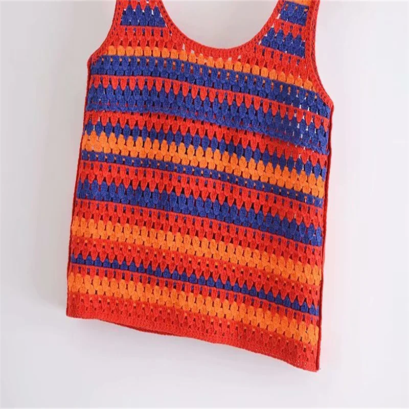

ZA 2021 Woman Knitted Crochet Camis Summer Fashion Round Wide Straps Sleeveless Top Casual Striped Button Up Women Vests Tops