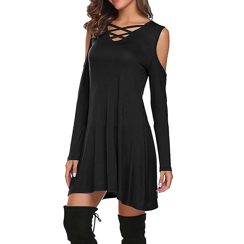 

Summer Dress Women Sexy Off Shoulder Long Sleeve Deep V Neck Loose Cross Mini Basic Solid Color Mini Dress