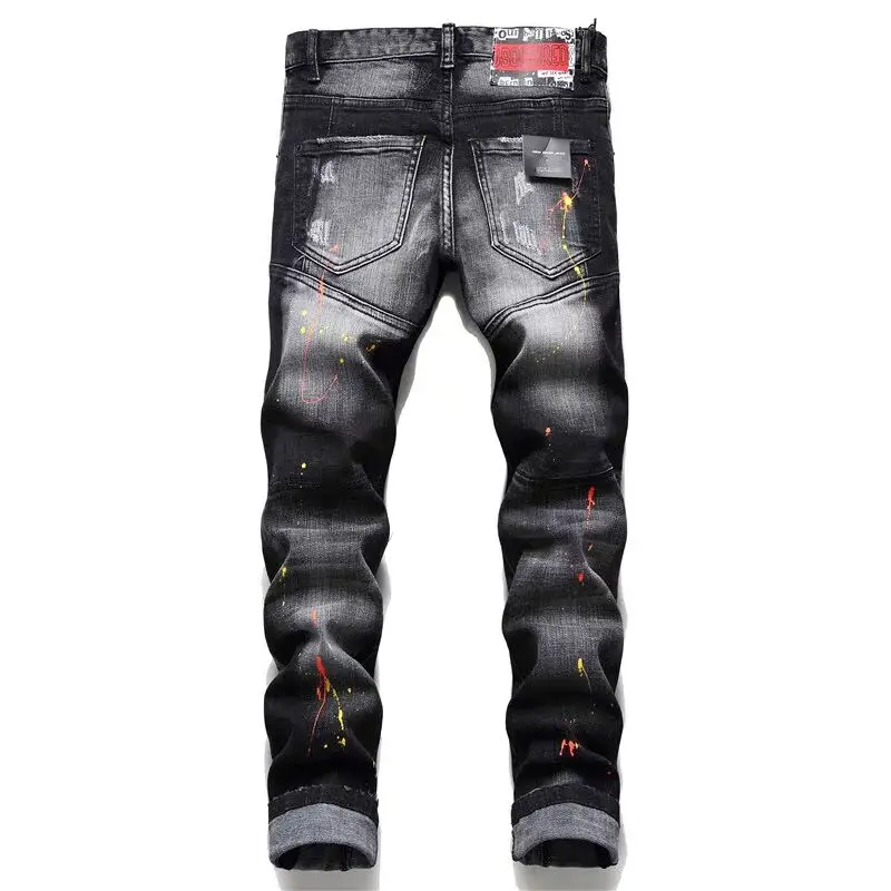 

Men's Slim Patch Stretch Jeans Men Skinny Black Jeans Destroyed Hole Man Scratched Jean Streetwear