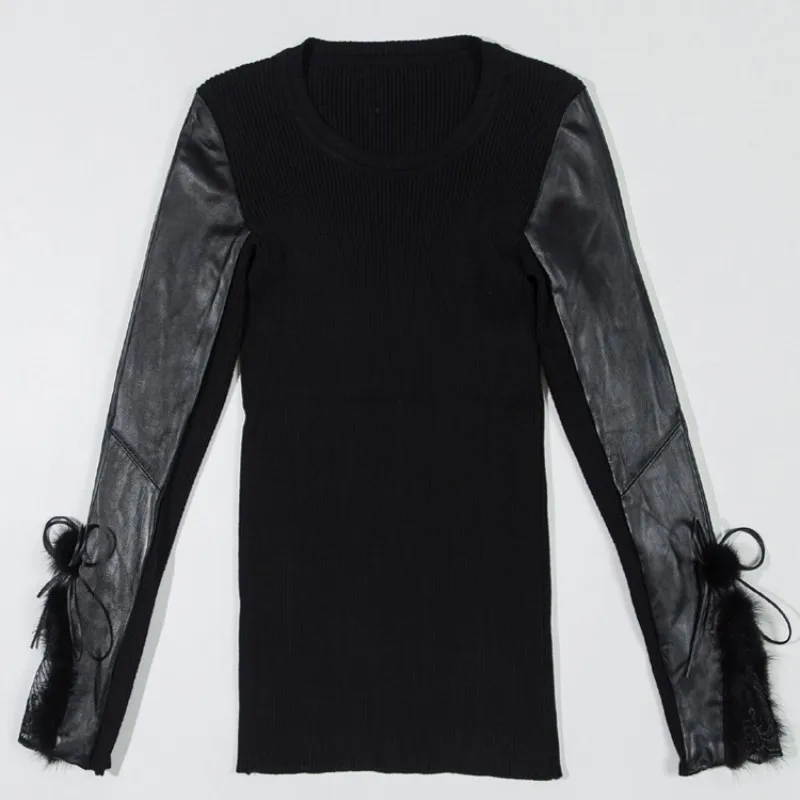 

High Quality New Office Ladies Slim Fit Elastic Sweater Tops Women Sheepskin Genuine Leather Patchwork Lace Up Pullover Knitwear