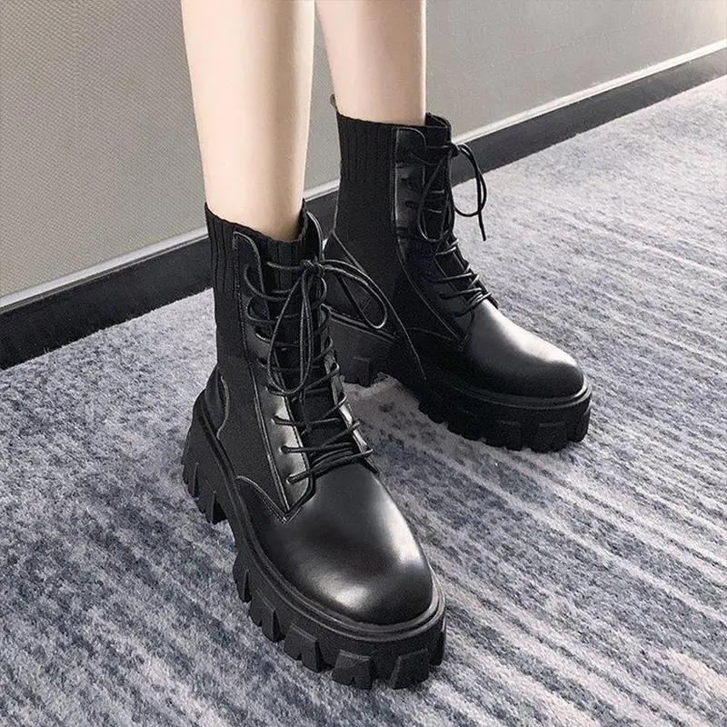 

Heel Women Shoes Winter Platform Boots Warm Autumn Female 2022 Modem Motorcycle Lace-Up Solid Round Toe Concise Non-slip Casual