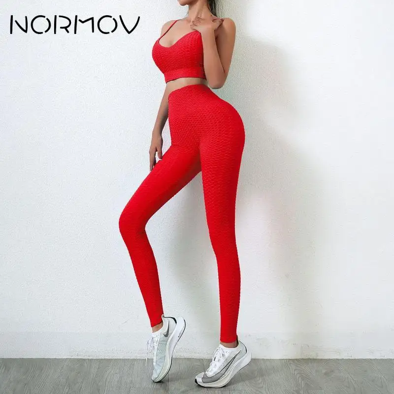 

NORMOV Sports Set Women High Waist Elastic Bubble Jacquard Anti Cellulite Yoga Sets Running Work Out Scrunch Butt Fitness Set