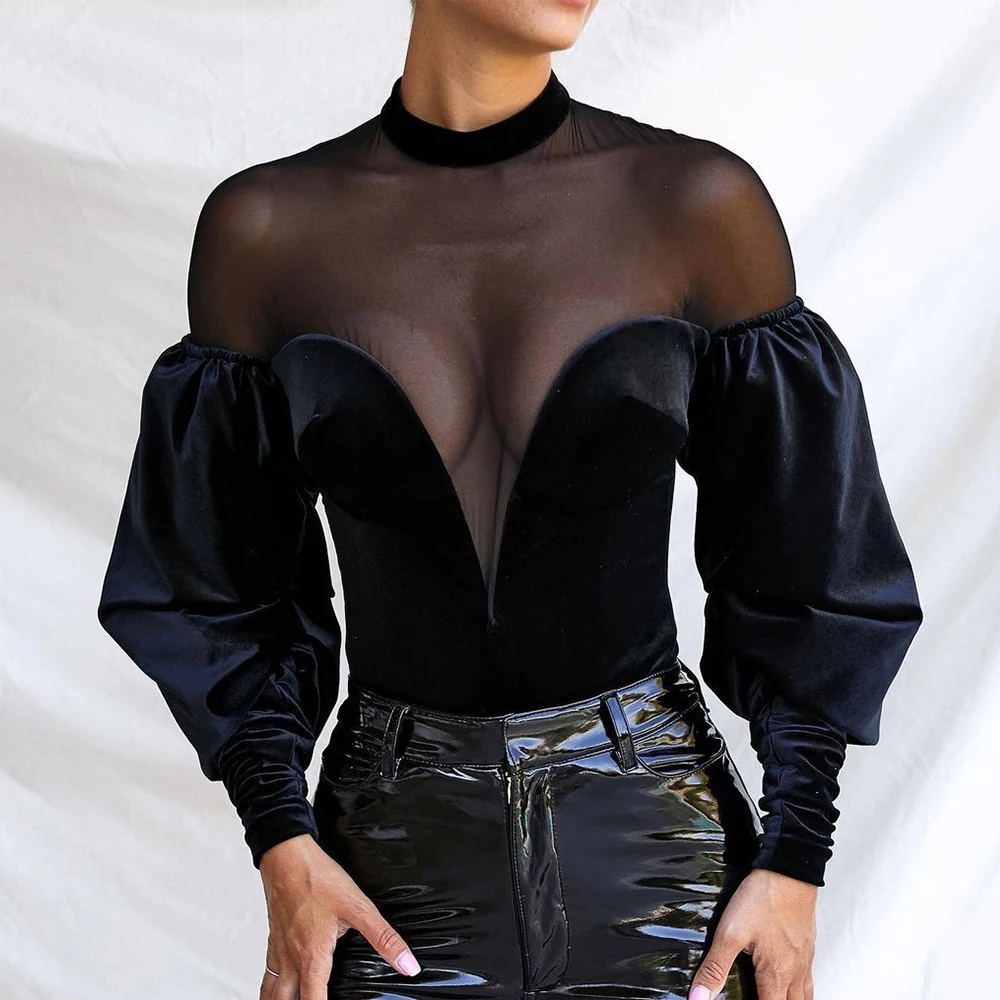 

Adyce 2021 New Summer Women Black Lace Bikini Bodysuits Sexy Long Lantern Sleeve Club Party Evening Bodycon Rompers Bodysuits