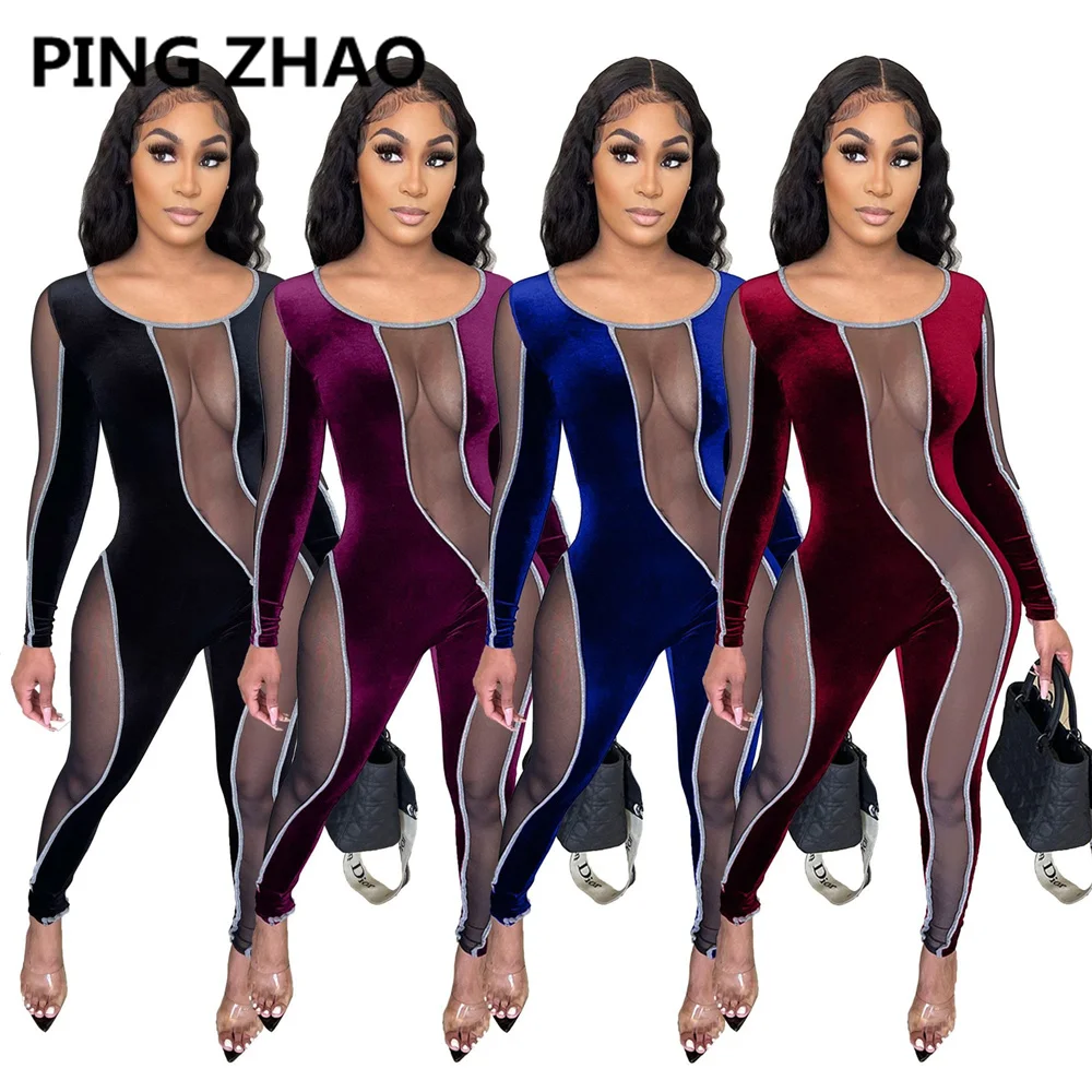 

PING ZHAO Women Velvet Mesh Splicing See Though Jumpsuit Sexy Long Sleeve Streetwear Overall Bodycon Romper