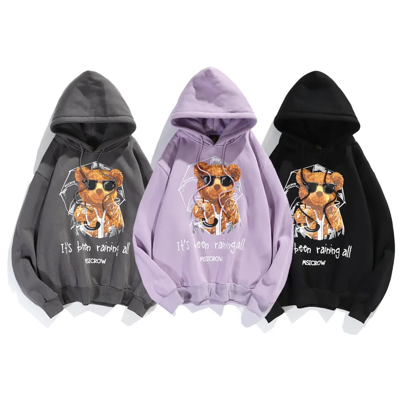 

Fashion Hipster Cartoon Hip Hop Bear Print Hooded Sweatshirt Men Women Autumn Winter Warm Plus Fleece Pullove Couple Hoodie Tops
