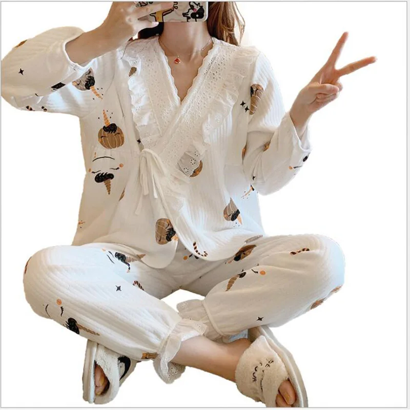 Осенняя хлопковая пижама с длинным рукавом для беременных 2 шт./компл. одежда сна