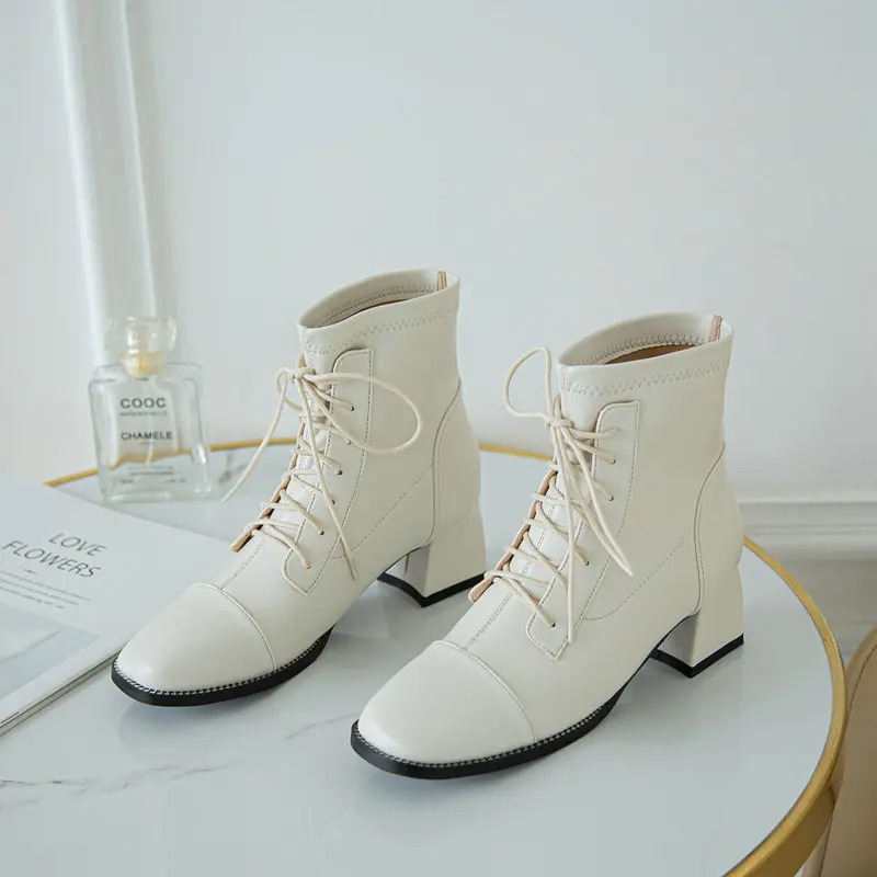 

2021 New Square High Heel Autumn Winter Short Boots Quality PU Leather Ankle Boots Square Toe Lace Up Women Shoes Size 34-43