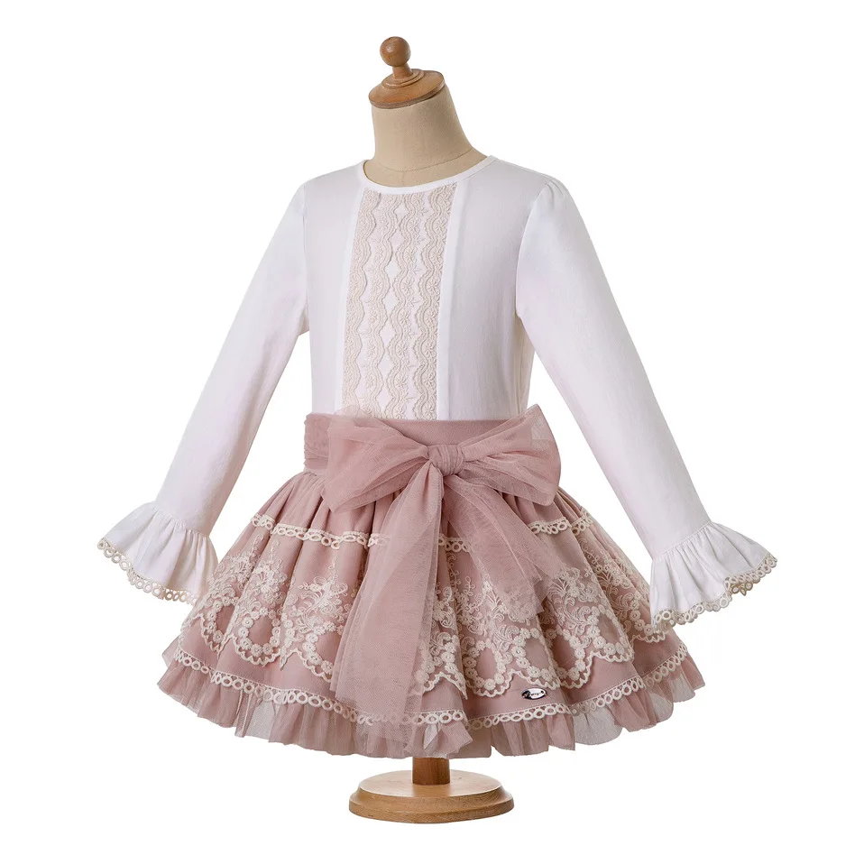 Pettigirl Pink Girl Fall Clothing Sets White Shirt+Pink Dress With Lace +Headwear Girls Outfits Kids Clothes G-DMCS206-A344 | Детская