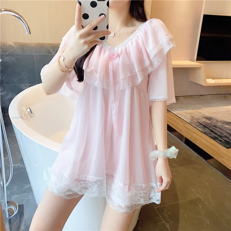 

Cotton Pajamas With Chest Pads For Women's Summer Thin Sleepwear Two-piece Palace Style Princess Nightsuit 2021 New Style