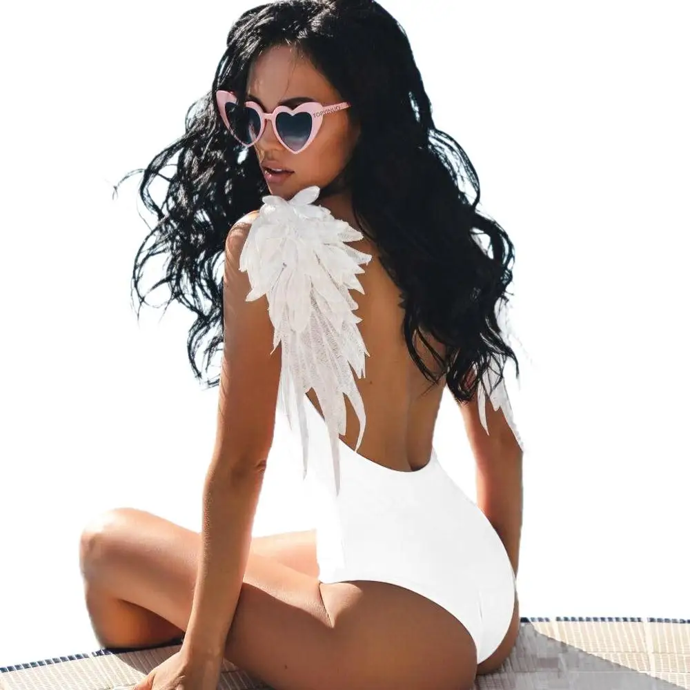 

Swimsuit Sexy Backless Polyester Solid Color with Feather Decoration Vacation Bathing Beach Fashion Swimming One-Piece Bikini