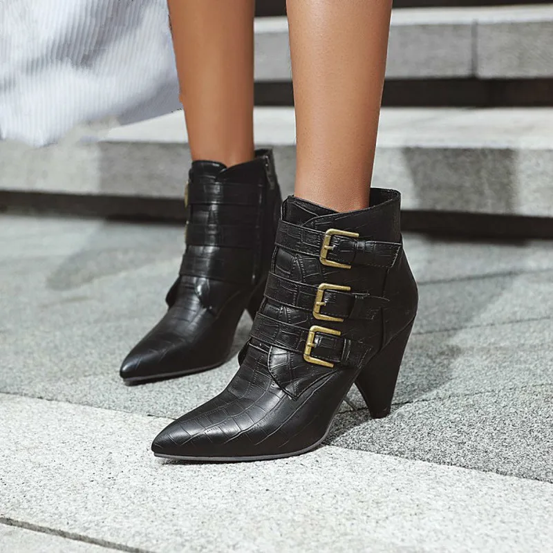 

Ankle Boots for Women Autumn and Winter The New Fashion Belt Buckle Pointed Zipper High Heel Shoes Women Plus Size 35-47 Black