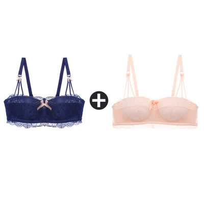 Blue And Pink Top 2 шт., бюстгальтеры для женщин, маленькая грудь, беспроводной бюстгальтер, кружевной бесшовный бюстгальтер с эффектом пуш-ап и трусики, набор, половина чашки, сексуальные трусы, нижнее белье - Цвет: Blue And Pink Top