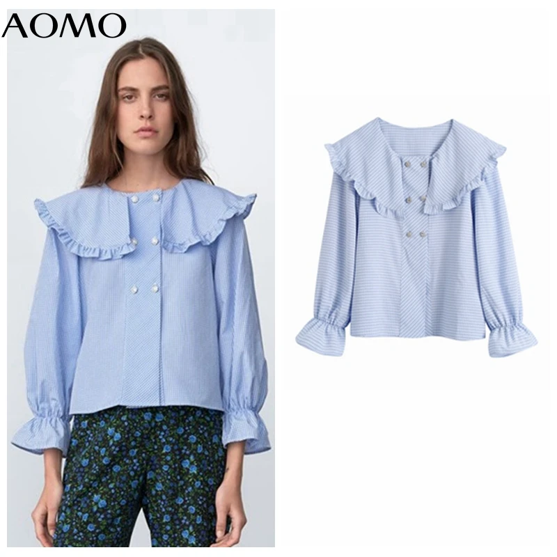 

AOMO Women Vintage Stripe Print Ruffles Beading Buttons Shirt Long Sleeve 2021 Chic Female Casual Loose Shirt BE172A