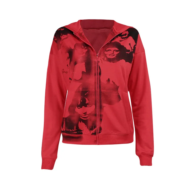 

Fashion Women Coat Hooded Zipper Fly Portraiture Long Sleeve Outerwear with Pockets Casual Print Tops Y2k Sweatshirt Pullovers