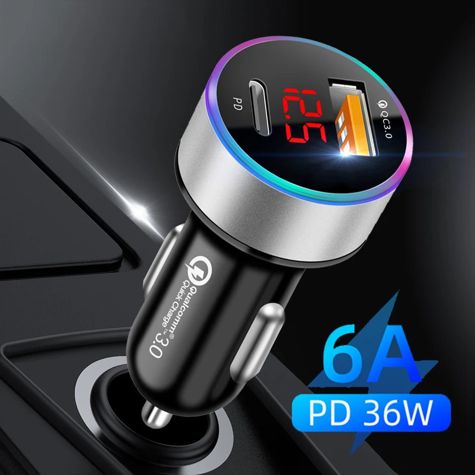 

36W Quick Car Charger QC 3.0 PD 3.0 LED Digital Display Fast Charging For iPhone 12 Pro Max Xiaomi 11 Samsung S21 S20 Huawei P40