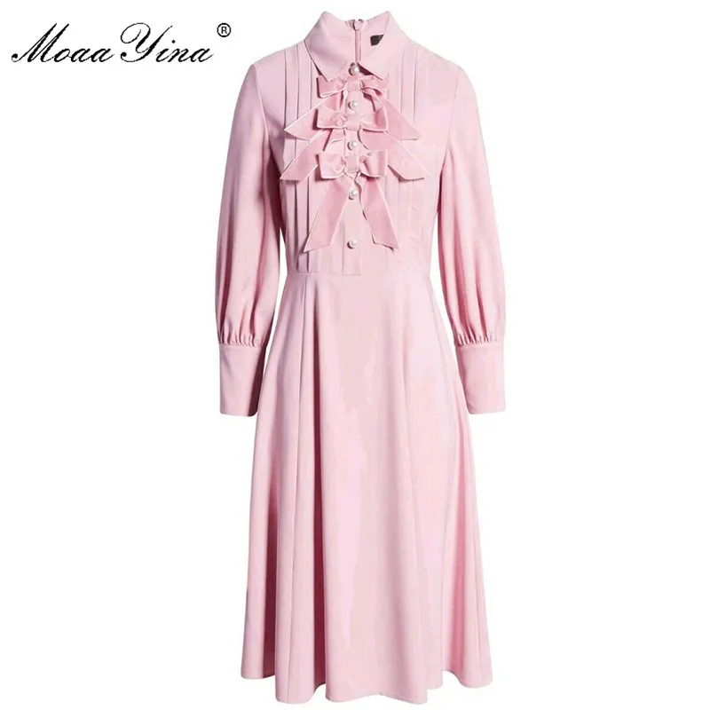 Женское дизайнерское платье MoaaYina весенне осеннее с длинным рукавом бант из Рюш
