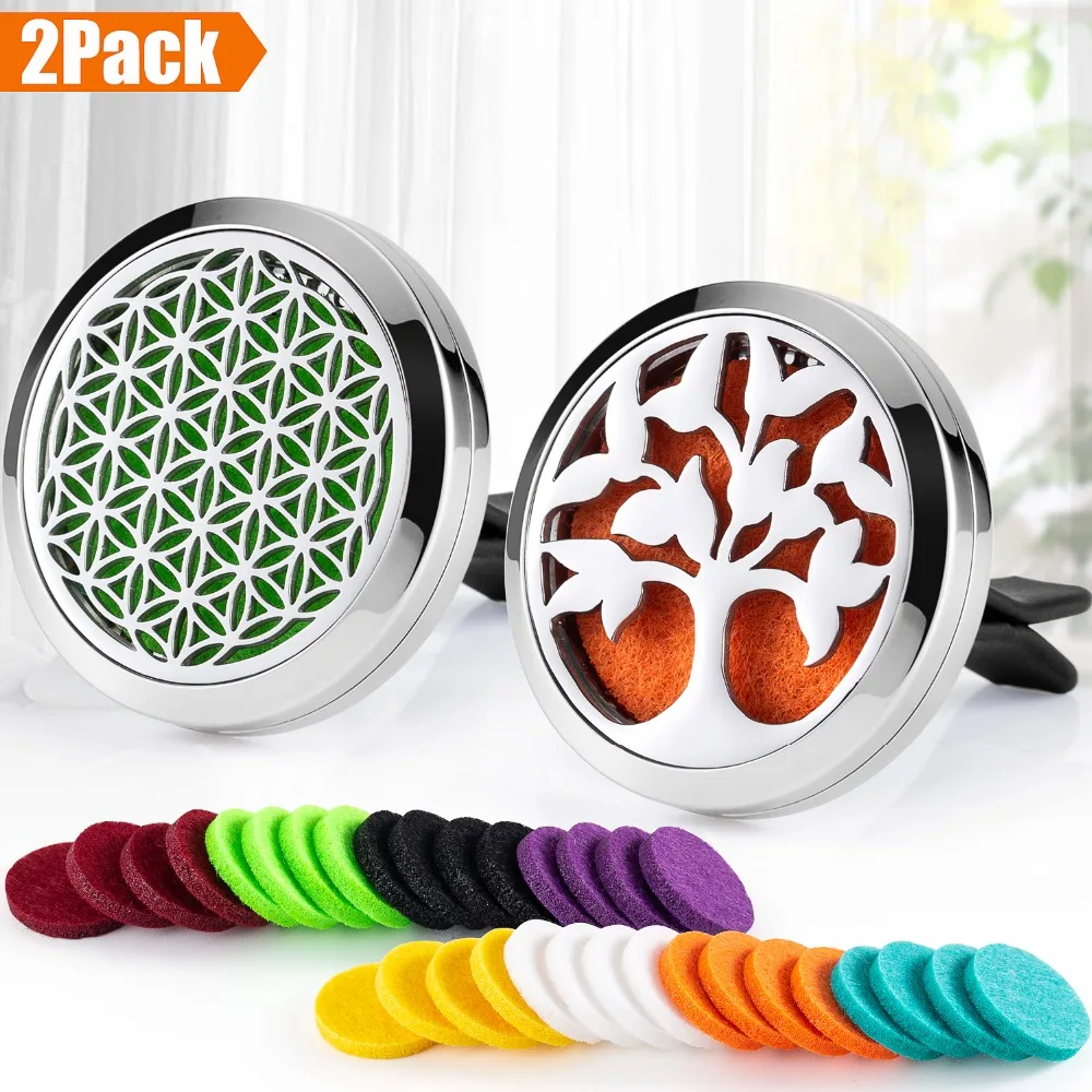 

BOFEE 2PCS Car Essential Oils Diffuser Aromatherapy Vent Clip Tree of Life Stainless Steel Locket Jewelry Gift +32pcs Pads 30MM