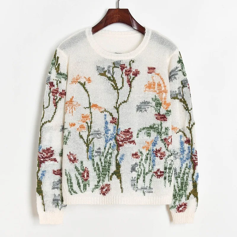 

Прозрачный мохеровый свитер, Женский жаккардовый вязаный свитер контрастных цветов, Осенние тонкие свитера с круглым вырезом и длинным рук...