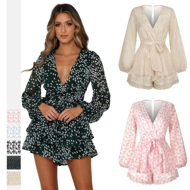 

Trendy Summer Women Rompers Sexy Deep V-Neck Floral Print Short Ladies Jumpsuit Long Sleeve Casual Romper Beach Party Holiday