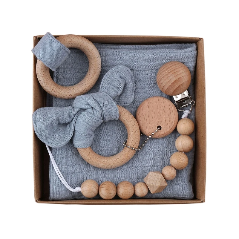 

1 Set Pacifier Clips Chain Cotton Baby Bibs Teether Saliva Towel Pacifier Chain Bunny Ear Wooden Baby Gym Ring Teething Bracelet