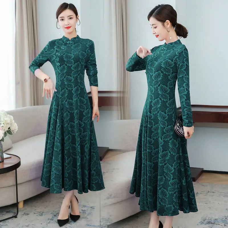 Винтажное жаккардовое платье-Ципао с цветочным принтом женское элегантное