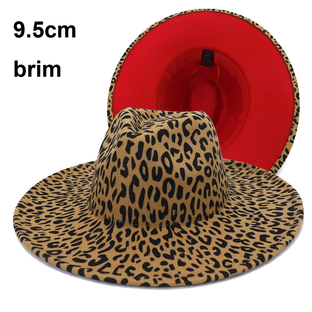 

2021 New High Quality 9.5cm Big Brim Leopard Pattern Woolen Felt Fedora Hat for Women Men Elegant Church Party Patchwork Hat