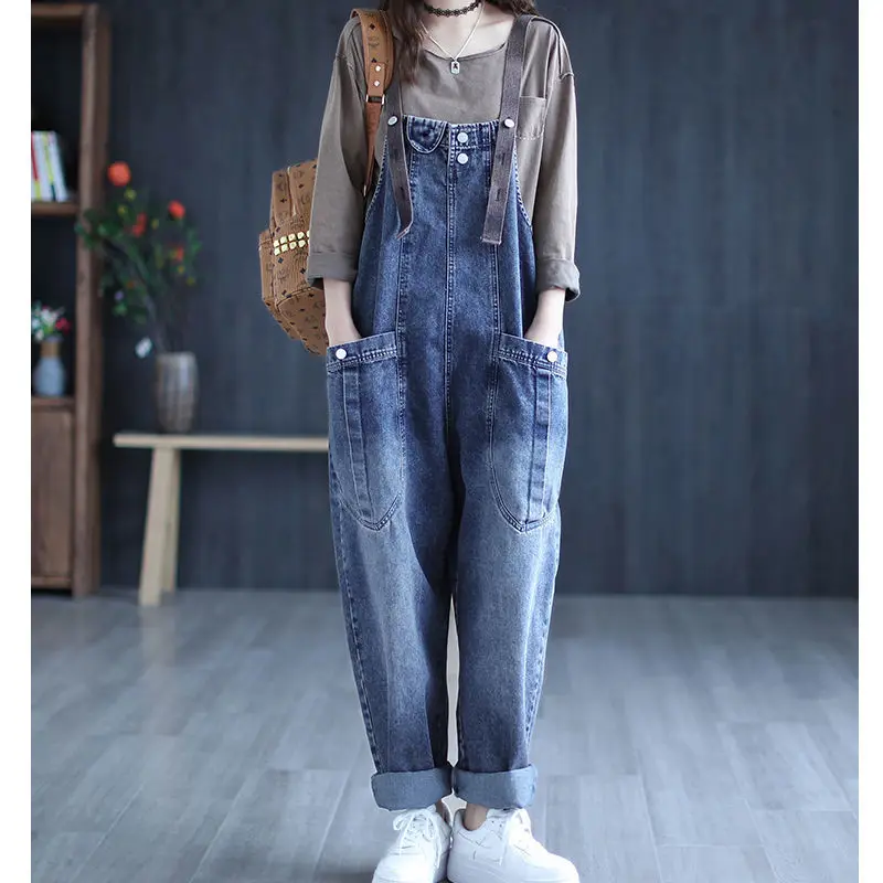 

Ladies Age-reducing Denim Overalls Spring and Autumn New Large Size Retro Loose Harlan Casual Denim Plus Trousers