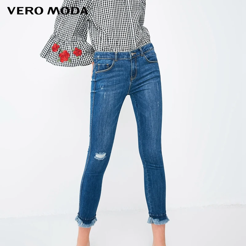 Vero Moda Новое поступление женские потертые узкие укороченные джинсы с необработанными краями | 318349530