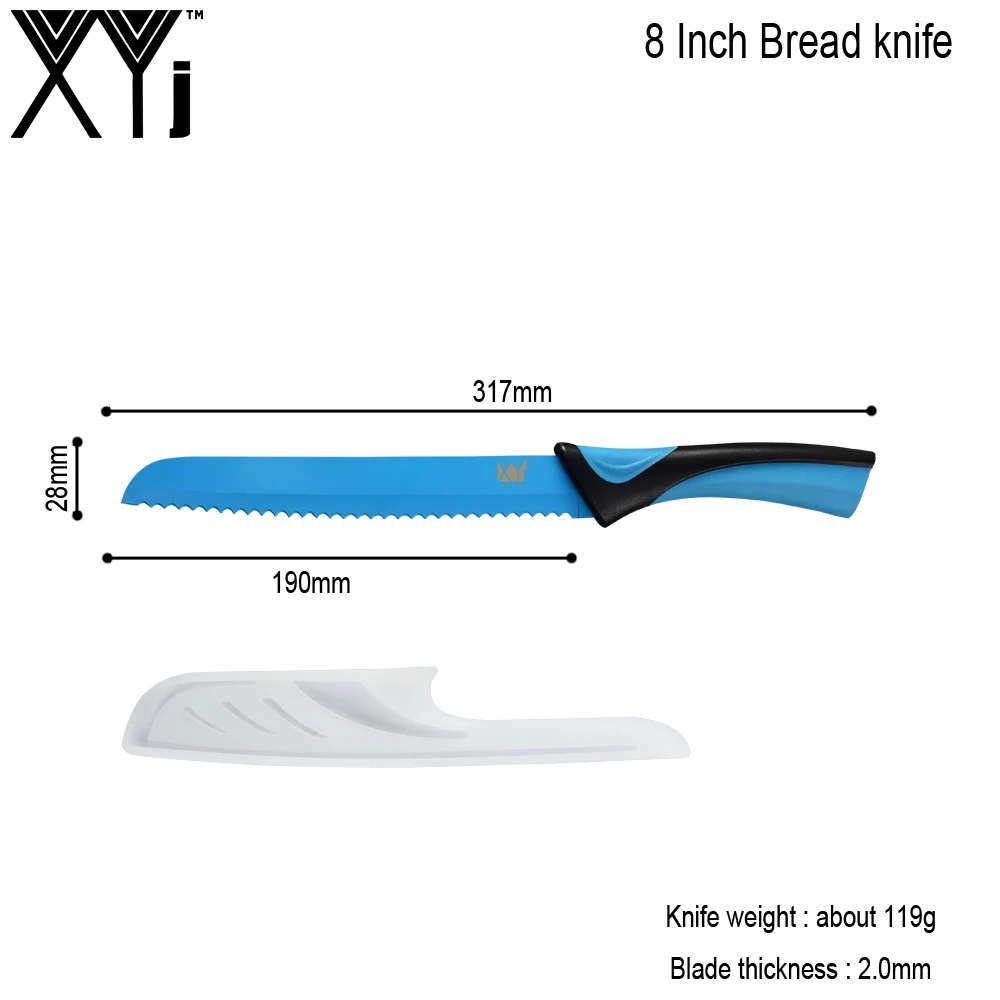 D.8 BREAD KNIFE XYj 8 шт. набор кухонных ножей для приготовления пищи из нержавеющей стали с острым лезвием, пластиковой красочной ручкой, держатель для поварских ножей, точилка, инструмент для приготовления пищи - Цвет: D.8 BREAD KNIFE