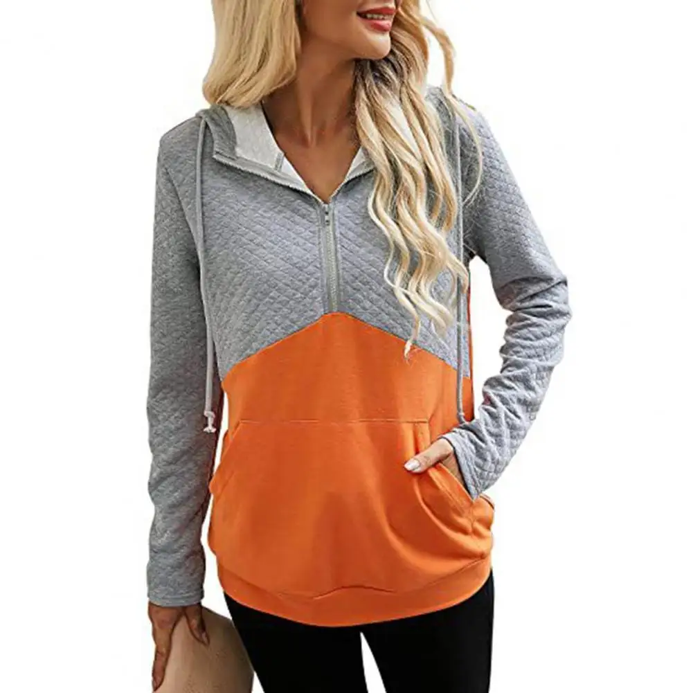 

New Stitching Color Loose Hoodie Comfortable Polyester Zipper Pocket Design Women Oversize Pullover Sweatshirt Tops for Outdoor
