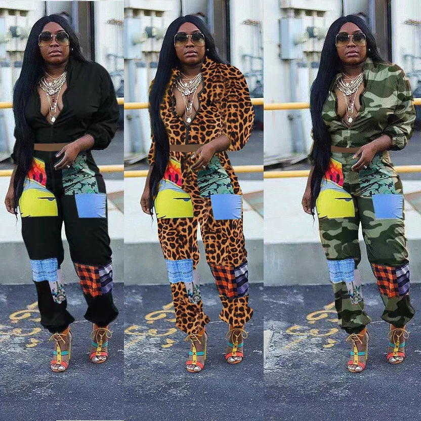 Echoine Leopard Camouflage Printed Women's Two Piece Set Windbreak Tops Pants Suit Active Wear Tracksuit Sports Fitness Outfits |