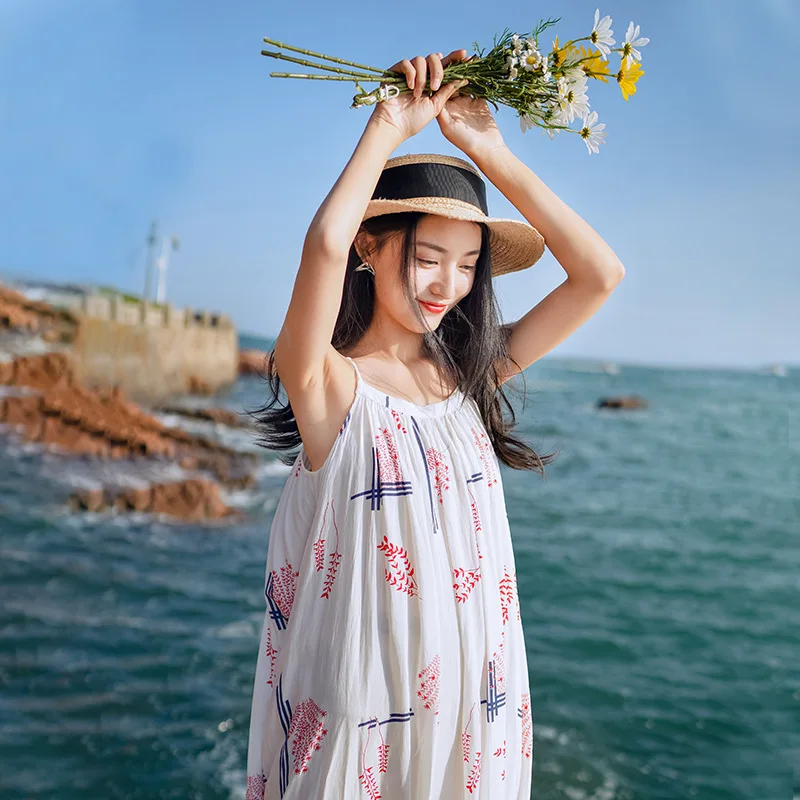 

Summer Big Loose Spaghetti Straps Women Sleeveless Sexy Printed Beach Casual Plus Size Cotton Pink Dress