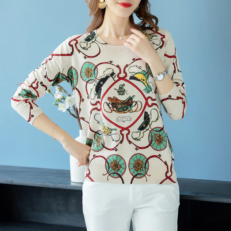 Luxury Designer Brand Runway Sweater Women Elegant Long-sleeve Loose Printed Knitted Pullovers Soft Tops Feminino New | Женская одежда