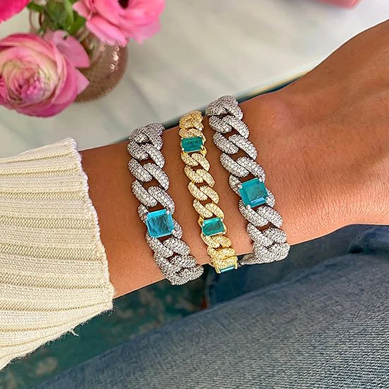 Женский браслет из кубинской цепи Серебристый с 3 рядами фианитов украшение в