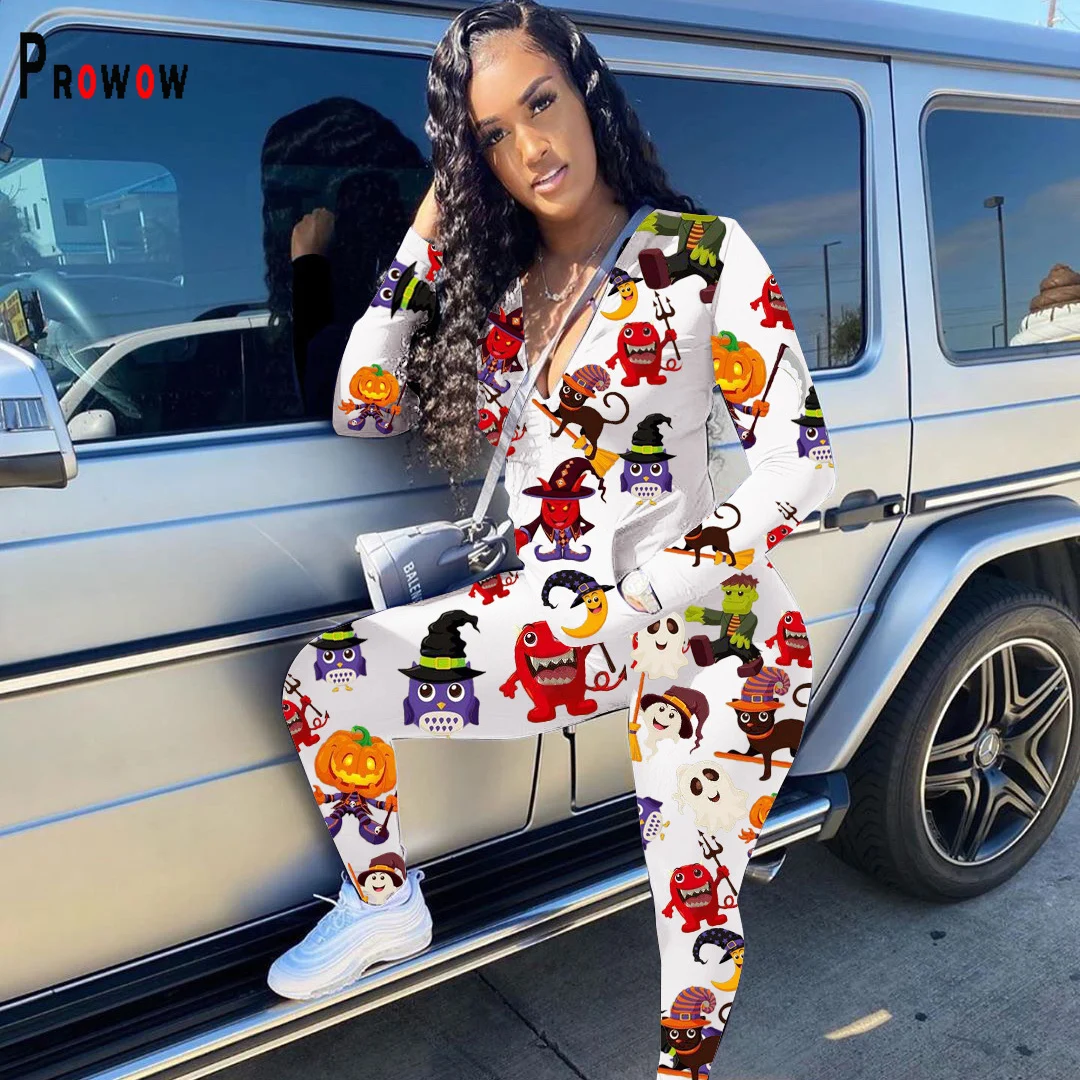 

Prowow Halloween Women Clothing Set Zipper Jackets Pant Two Piece Matchong Suits Spring Fall Print Female Streetwear Outfits