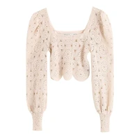 square neck knitted jumper pure cotton ladies sweater with lace cropped pullover winter womens clothing knitwear crop top