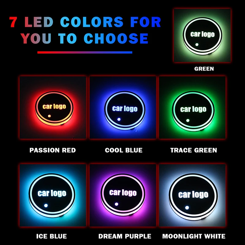 Качественная атмосферная LED подсветка с логотипом автомобиля для подстаканников(2 штуки