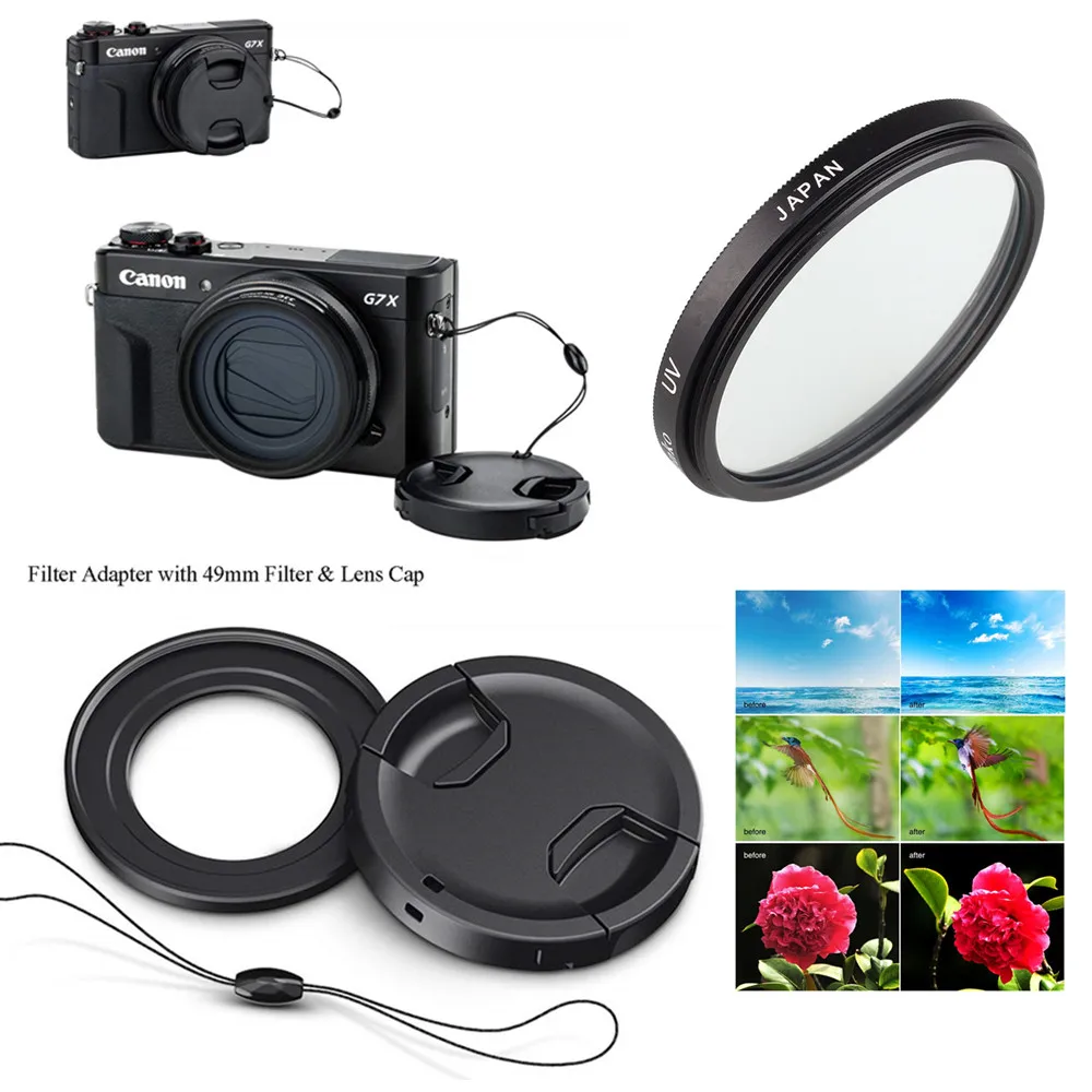 UV Adapter ring kit 49 мм УФ-фильтр и адаптер для крепления объектива крышка хранитель для Canon Powershot G5X G7X Mark I II III цифровая камера - Цвет: UV Adapter ring kit