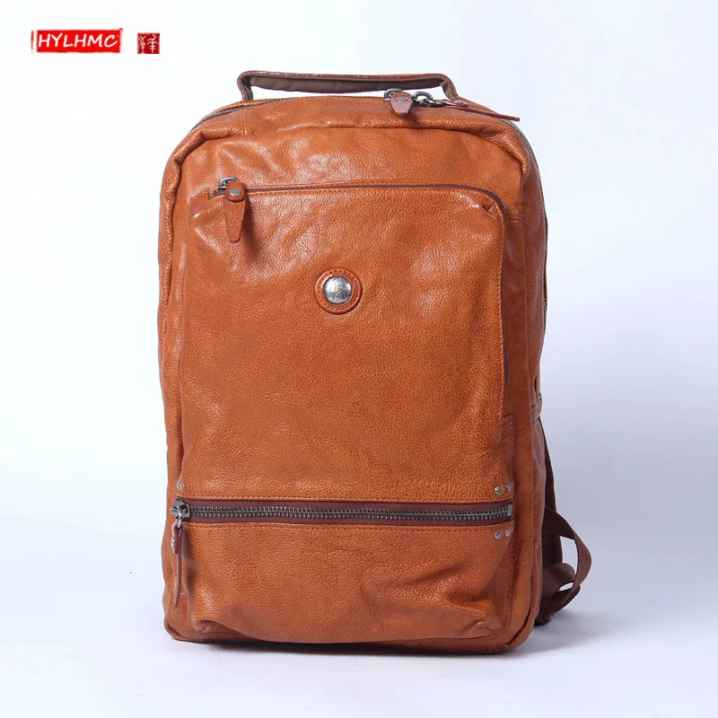 

HANSOMFY Genuine Leather Men Backpack Large Capacity Laptop Bag Male Casual Travel Backpacks Retro Original shoulder bags