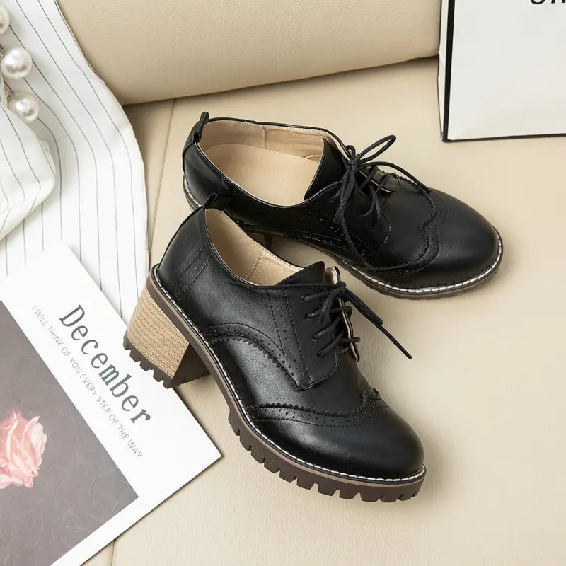 

2021 New Square Heel Casual Women Pumps Superfine Fiber Women Shoes Spring Autumn Lace Up Round Toe Ladies Shoes Big Size 34-43